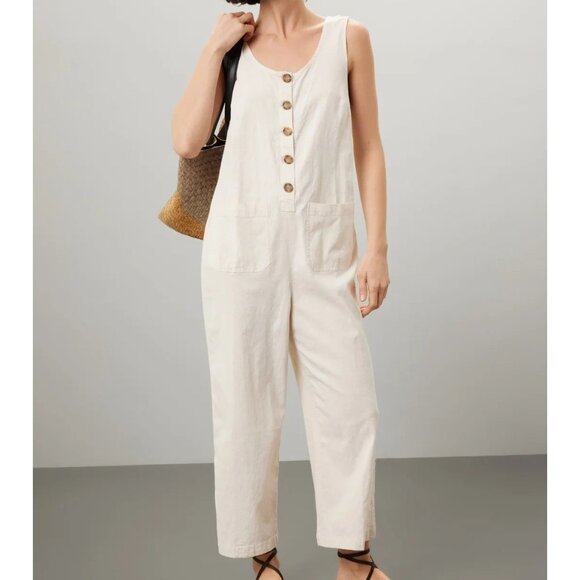 Marine Layer Sleeveless Hemp Blend Button-Front Jumpsuit Pockets Natural Medium - Picture 1 of 8